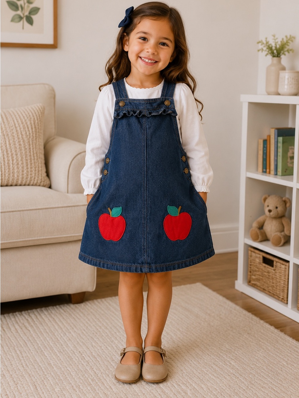 Cynthia Rowley Navy Denim Overall Dress with Red Apple Appliqués